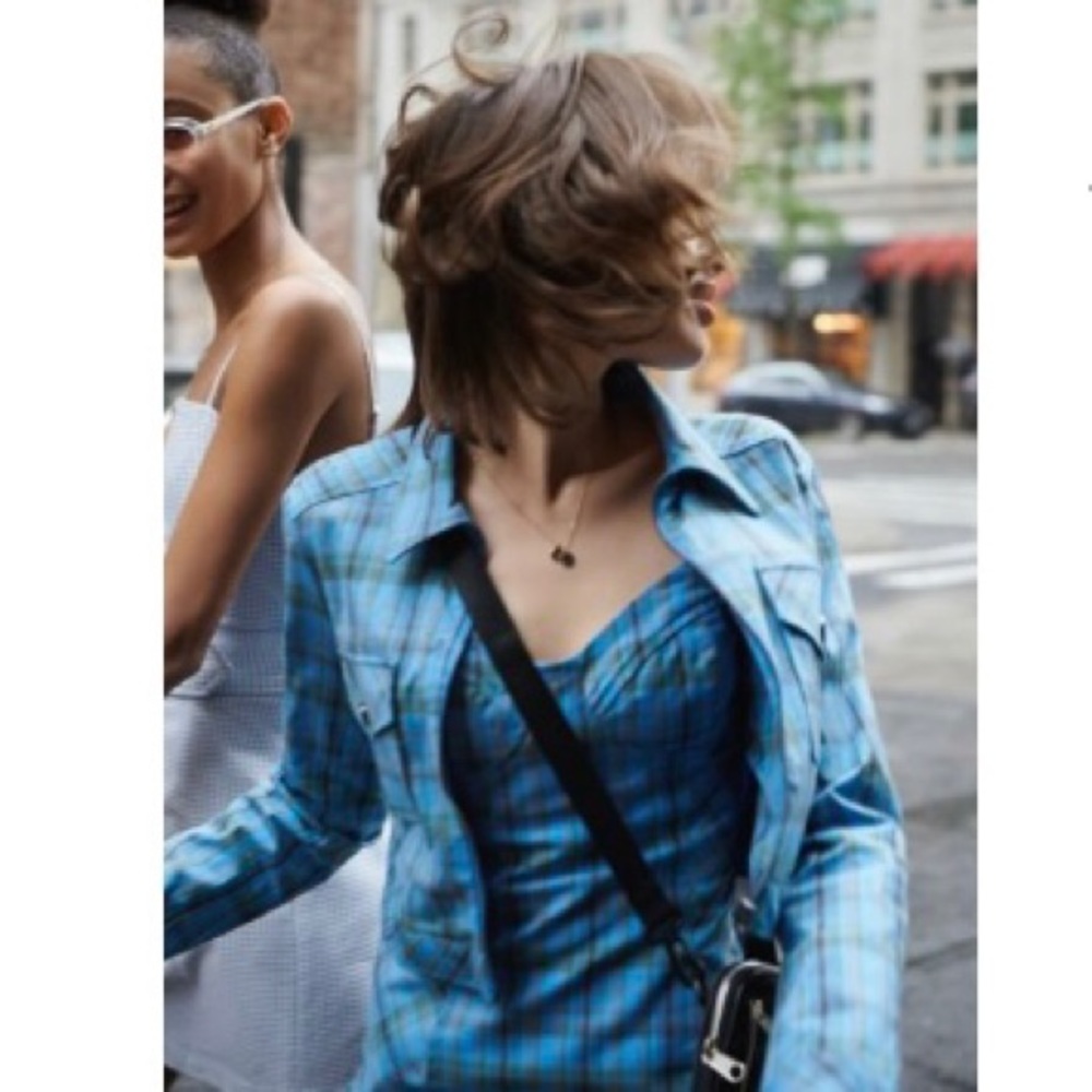 Urban Outfitters | cropped thin blue jacket w/ green, brown & orange plaid